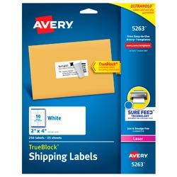 Image for Avery TrueBlock Shipping Labels, Laser Print, 2 x 4 Inches, White, Pack of 250 from School Specialty
