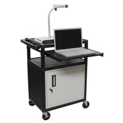 Luxor H Wilson Presentation Cart with Pull Out Front Tray, 24 in W X 18 in D X 34 in H, Black Shelves, Gray Cabinet, Item Number 1399656