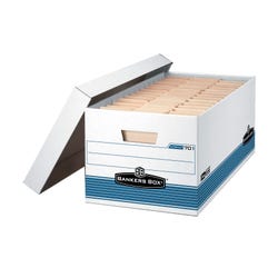 Bankers Box File Storage Box with Lid, Letter Size, 10 x 12 x 24 Inches, White/Blue, Pack of 4, Item Number 1327532