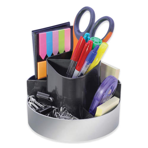 Rotating desk organizer with office supplies.
