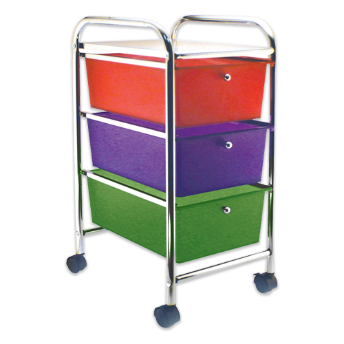Rolling cart with colorful plastic storage bins.