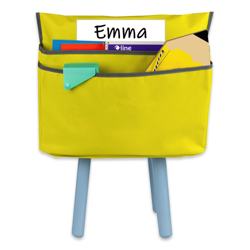 Chair pocket with student name and supplies.