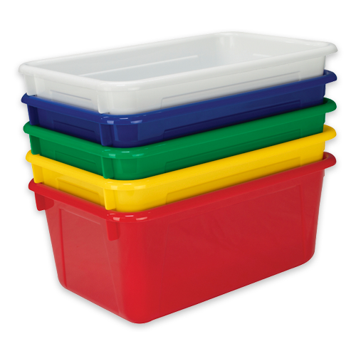 Plastic totes of assorted colors.